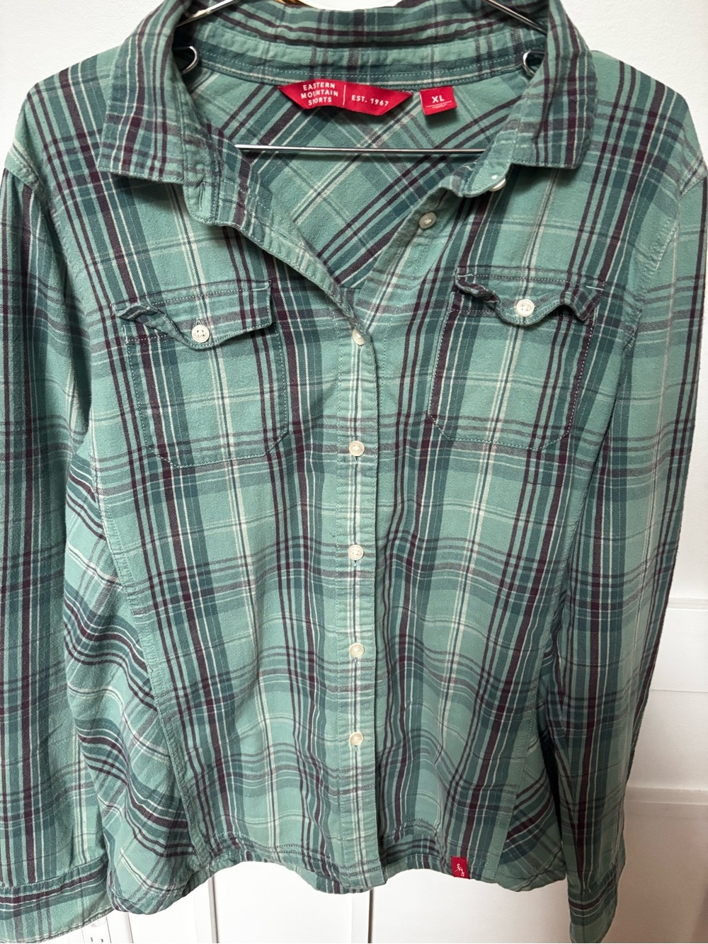 teal green plaid button-down shirt from Eastern Mountain Sports